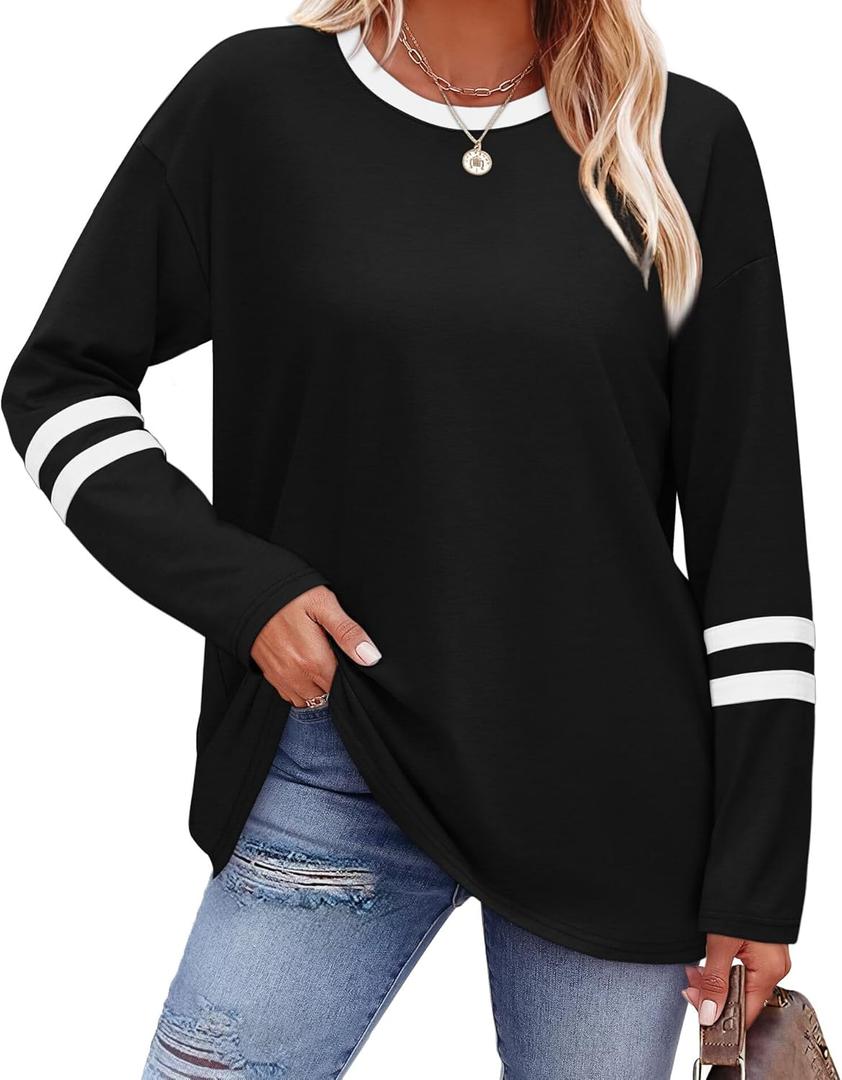 Sampeel Long Sleeve Shirts for Women Color Block Casual Tops Fall Outfits 2025 Basic Tees Trendy Clothes (3X-Large)