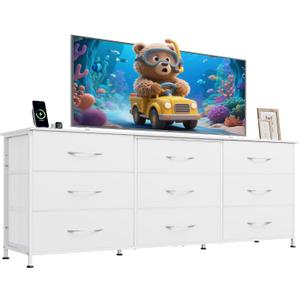 WLIVE 63''W Dresser for Bedroom, White Dresser TV Stand for 65, 70, 75 inch TV, Wide Chest of Drawers with 9 Drawer, Large Entertainment Center, Fabric Dressers with Wood Top for Closet, Living Room, Enlarged Size