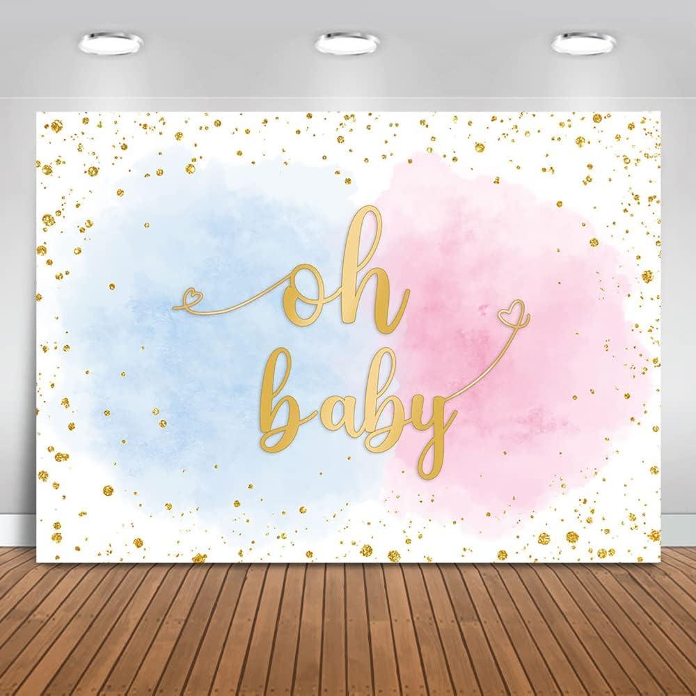 Mocsicka Blue Pink Watercolor Splash Gender Reveal Backdrop Boy or Girl Gold Glitter Background Oh Baby Gender Reveal Party Cake Table Decoration Photo Booth Props (7x5ft)