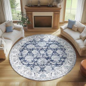Jinchan Fiora Round Rug 7ft Area Rugs Vintage Floral Distressed Design Machine Washable Non-Slip Low-Pile Ultra-Thin Circle Rug for Living Room Dining Room Bedroom Farmhouse (7' Round, Dark Blue)