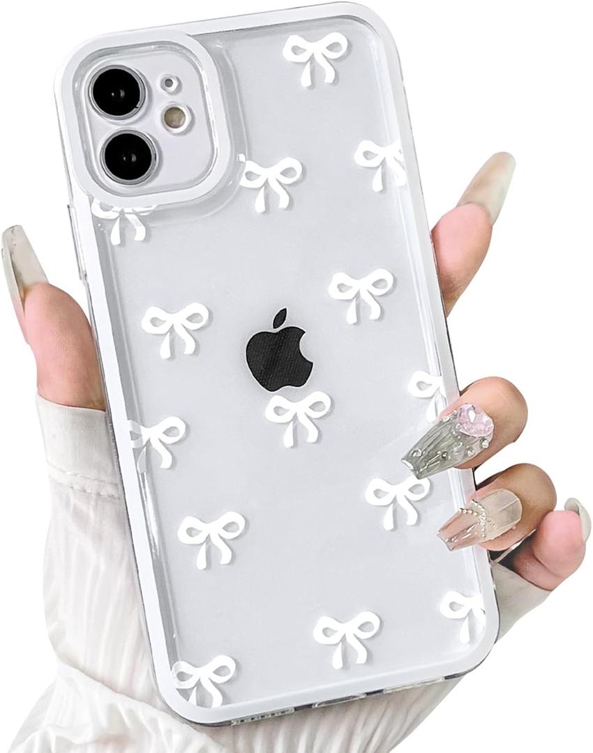 NITITOP Compatible with iPhone 12 Case Cute Clear Durable Ribbon Bowknot Pattern for Girls Women Soft TPU Transparent Full Camera Lens Shockproof Protective Phone Cover - White