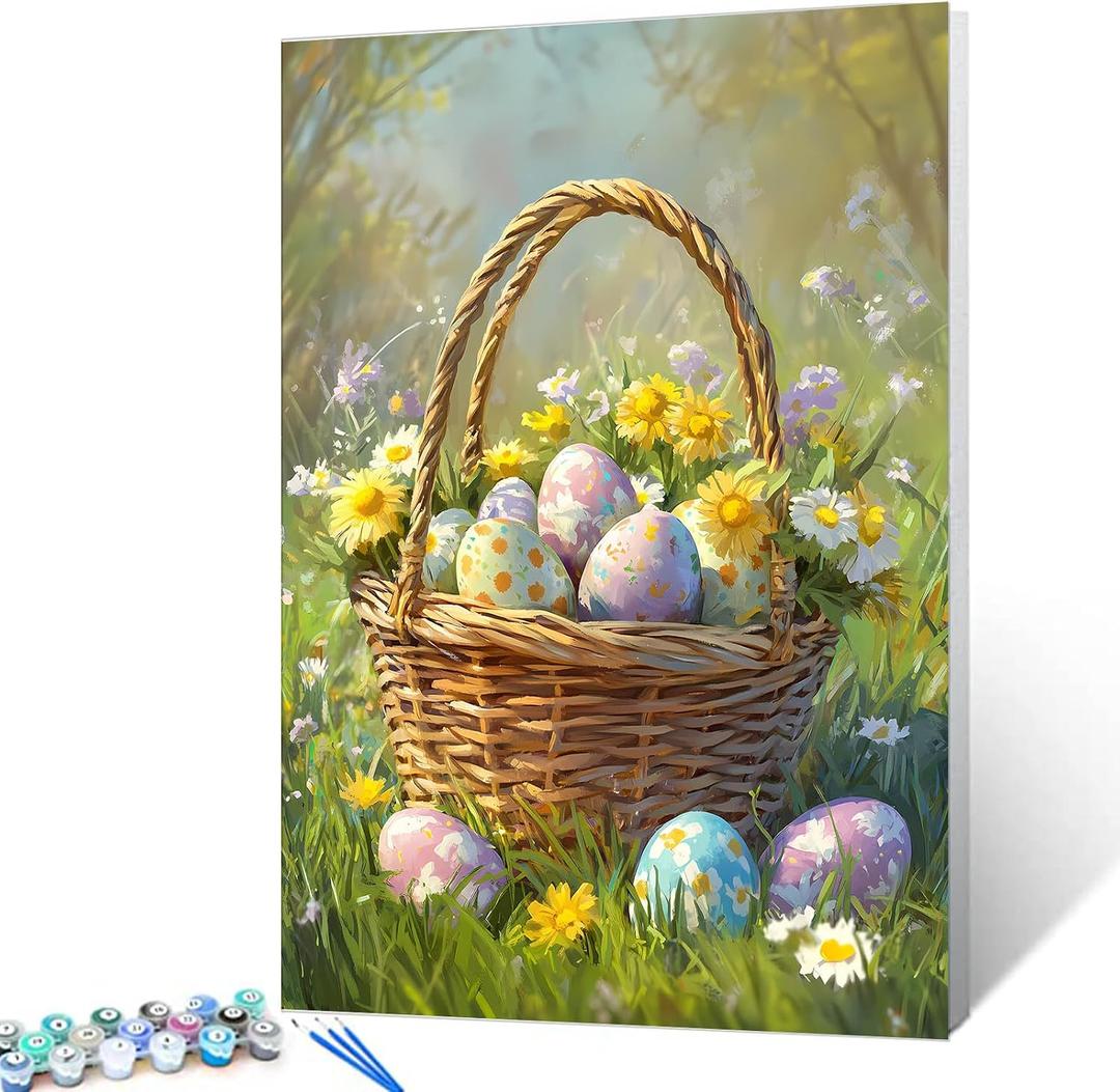 Easter Eggs Basket Paint by Numbers Kit for Adults Beginners Student Boys Girls,Wildlife Forest Flowers Watercolor Oil Painting Colorful Handicraft for Home Wall Decor Ideal Gift 16x20 In(No Frame)
