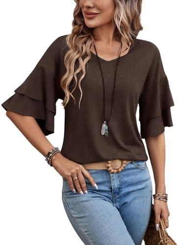 Sialois Womens Blouses Ruffle Sleeve Top V Neck Shirts Casual Outfit Bell Sleeve Cute Tee Spring Fall Summer Fashion Clothes Size S