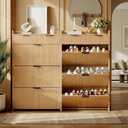 IDEALHOUSE Modern Shoe Cabinet with 3 Flip Drawers & 2 Small Drawers & Hook, Slim Fluted Shoe Storage Organizer, Narrow Entryway Cabinet for Apartment, (Wood Color, 3 Flip Drawers) Natural