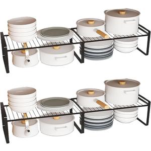 Expandable Cabinet Shelf Rack Set of 2, 13"~24" L X 8" D X 7" H Stackable Kitchen Cabinet Organizer Shelves Set of 2 for Countertop Pantry Cabinet Accessories