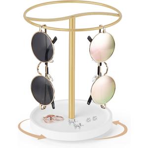 Mkono 360 Rotating Sunglasses Organizer Eyeglasses Holder Stand Metal Frame with Wood Base Tray Storage Display Rack for up to 12 Pairs of Eyewear for Table Dresser Desk Bedroom