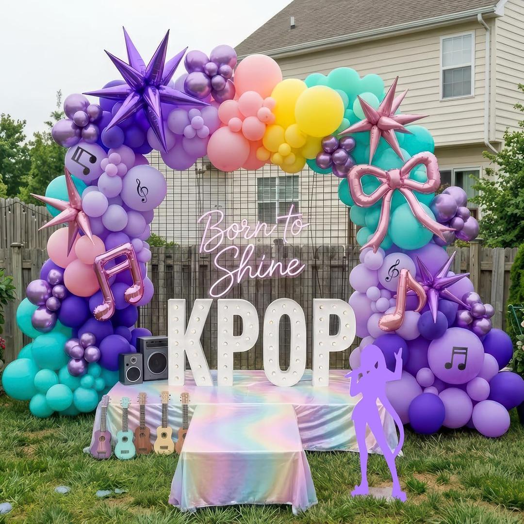 Purple pink Balloon Arch Garland Kit with Bow Star mylar balloons for kpop music Birthday Decorations Y2K Concert Movies Tv fans Prom Party Supplies (Purple pink)