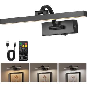 LED Wireless Picture Light with Remote Control,USB Rechargeable Battery Powered Art Lamps,Dimmable,270 Rotate,Timing,15.5 Inch Black Wall Lights for Paintings,Picture Frame,Gallery