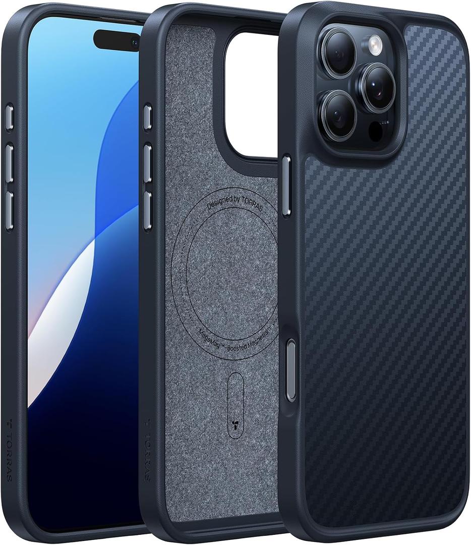 TORRAS Upgraded for iPhone 16 Pro Case Aramid Fiber Back/Black Edge | Compatible with MagSafe, Military Grade Drop Protection, Stronger Magnetic, Shockproof Airbag, Color Button, Slim Anti-Scratch | Upgraded, Stronger Magnetic, Shockproof, Slim