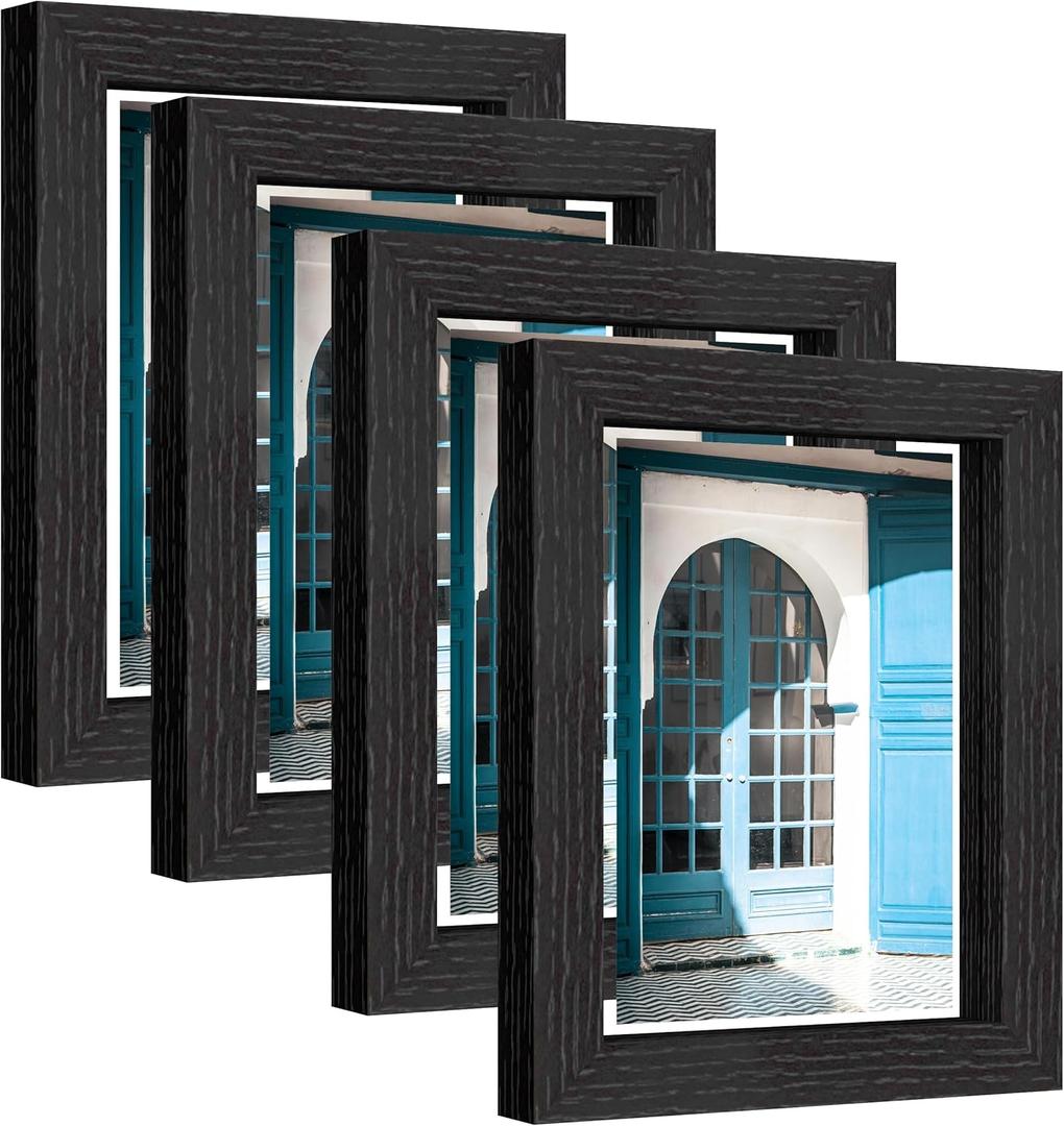 eletecpro 5x7 Floating Picture Frames Set of 4, Real Double Glass Picture Frames for Wall Mount, Vertical or Horizontal Display Multi-Size Photos and Artworks up to 5x7 Inches, Home Decor, Black