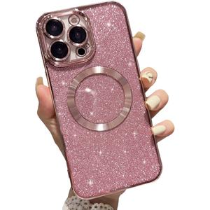 aowner Magnetic Case for iPhone 14 Pro Glitter Case, Luxury Plating Cute Bling with Camera Lens Protector, Compatible with MagSafe, Slim Thin for Women Girls Protective Clear Phone Case, Pink