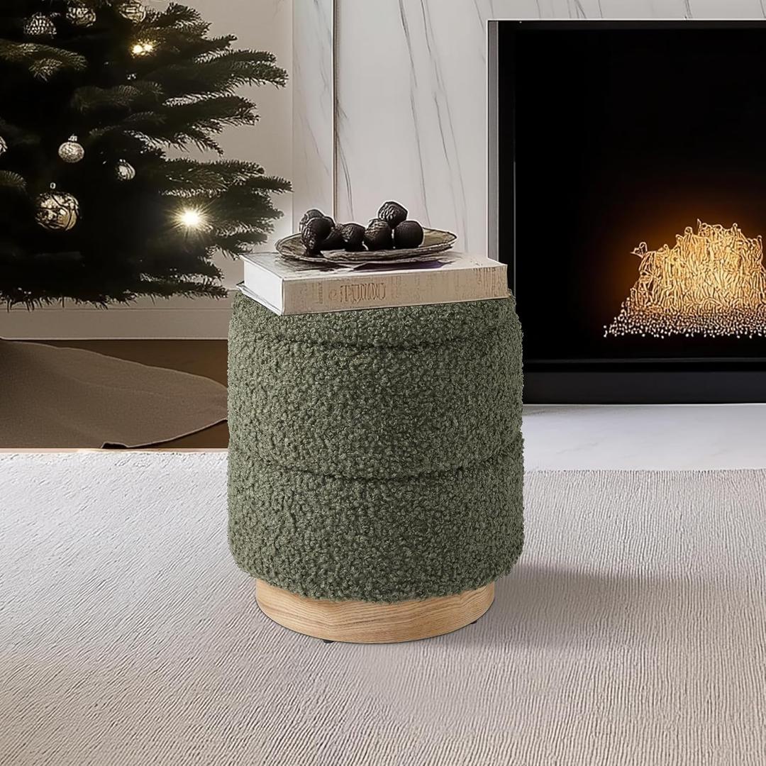 Get Set Style Round Ottoman with Storage, Modern Boucle Ottoman Upholstered Foot Stool with Wood Base, Vanity Stool Chair, Footrest Extra Seat for Living Room Bedroom Entryway (Olive Green), 14.6"D x 14.6"W x 17.7"H