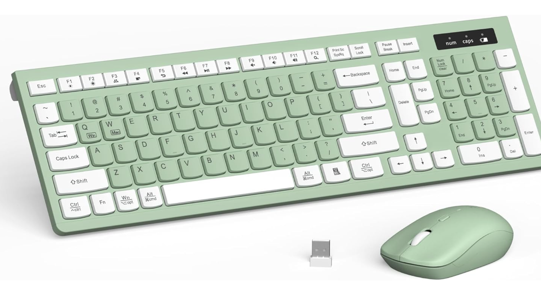 Wireless Keyboard and Mouse Combo, FullSized Wireless Keyboard and Adjustable DPI Mouse, 2.4GHz USB Receiver, Silent Keyboard and Mouse for PC, Windows, MAC, Desktop, Laptop (Avocado Green)