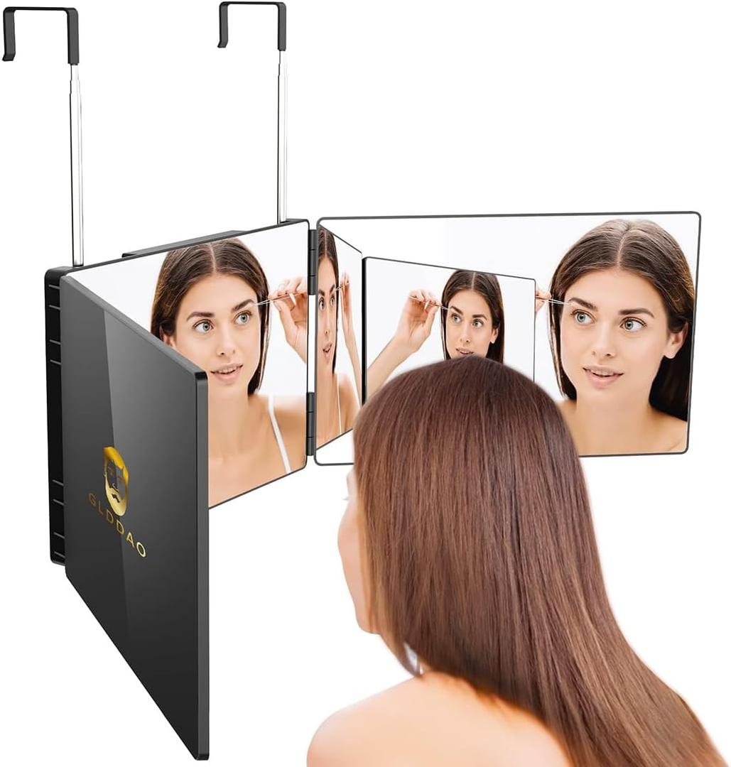 360 Mirror for Haircuts for Men for Women for Braiding Hair Trifold 3 Way Mirror to See Back of Head Barber Haircut Tool Three Way for Hair Cutting Self Cut (Black Without Led)