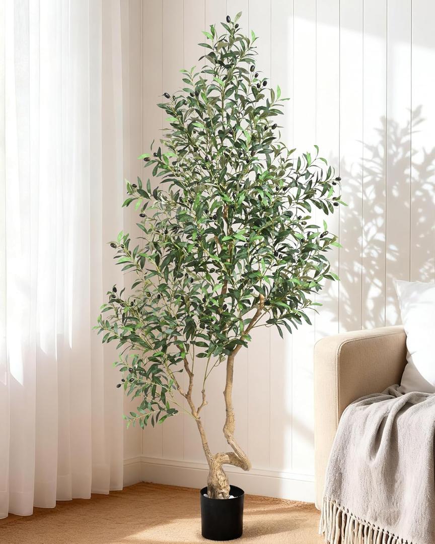 6 FT Faux Olive Tree, Look Real Fake Olive Trees Artificial Indoor with Weighted Pot, Fake Tree with Lusher & Fuller Leaves and Natural Thicker Trunks for Home Office Living Room Indoor Outdoor