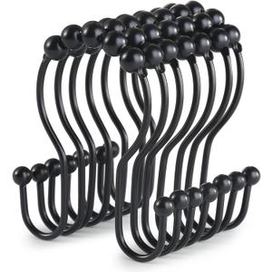 Goowin Shower Curtain Hooks, 12 Pcs Shower Curtain Rings, Stainless Steel Black Shower Curtain Hooks, Shower Curtain Rings Rust Proof, Smooth Sliding Anti-Drop Double Shower Rings for Curtain (Black) (Modern)