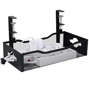 Large Under Desk Cable Management Tray - Heavy Duty Metal Cord Organizer with No Drill Installation for Office & Home Office Desks to Hide Wires & Power Strips (Black, XL)