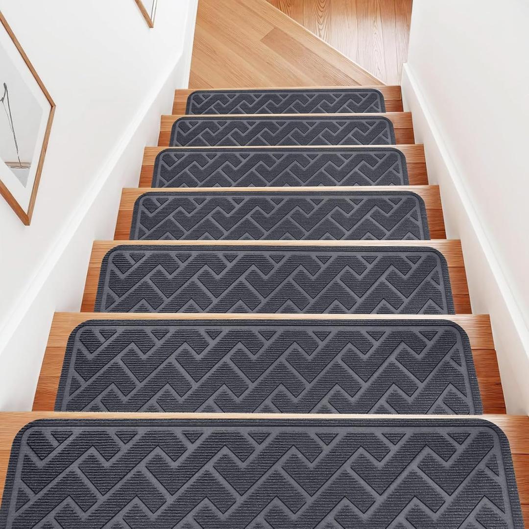 15 Pack 8 "X 30" Non Slip Stair Treads for Wooden Steps, Carpet Stair Treads Made of Polyester and Reusable Adhesive, Stair Runner Rugs for Kids, Elders and Dogs Pets (Gray) (Grey)