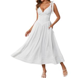 Women's Summer Wedding Guest Corset Midi Dress V Neck Flowy A Line Sundress Casual Dresses with Pockets (White, M)