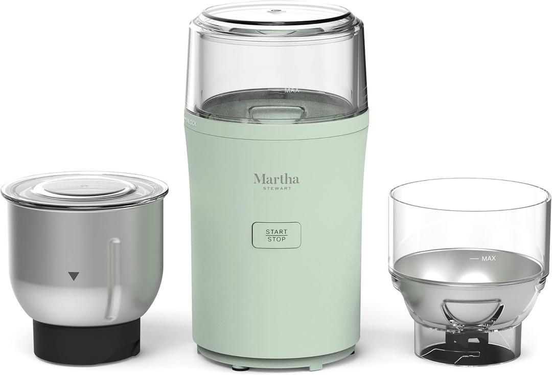 MarthaStewart ElectricCoffee & Spice Grinder,Dual 2.5oz RemovableBowls, StorageLids,Stainless Steel Blades,One Touch Pulse Control,2-in-1Compact,Beans & Spices, Herbs& Nuts, Honeydew Green