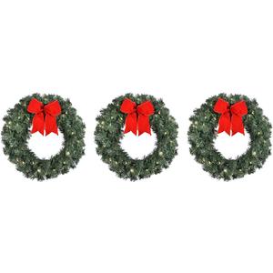 Set of 3 Artificial Pre-Lit Balsam Pine Christmas Wreaths with Red Bows, 16 Inches, Battery Operated with Timers