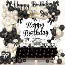Party Inspo Black Bow Birthday Decorations  110 PCs Black Bow Themed Party Supplies with Backdrop, Tablecloth, Cake Topper, Banner, Cupcake Toppers, Ribbons, Balloon Garland