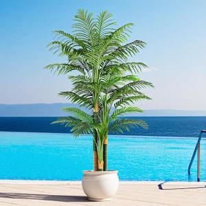 Keeplush 7ft Tall Triple Golden Cane Palm Artificial Tree Large Tropical Palm Tree UV Resistant Fake Plant in Pot for Indoor Outdoor Big House Living Room Outside Patio Office Home Decor 1Pack