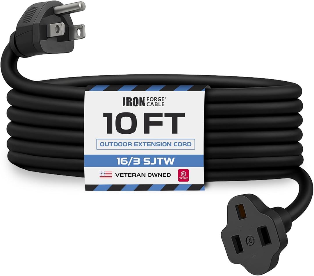 Iron Forge Cable 10 Ft Black Extension Cord, 16/3, 10 Foot Extension Cord, 3 Prong, Weatherproof - Great for Outside Use