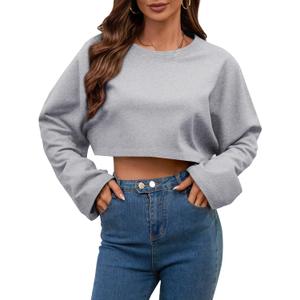 LovelyWholesale Women Long Sleeve Cropped Sweatshirt Oversized Crew Neck Workout Tops Grey X-Large (Gray, XL)