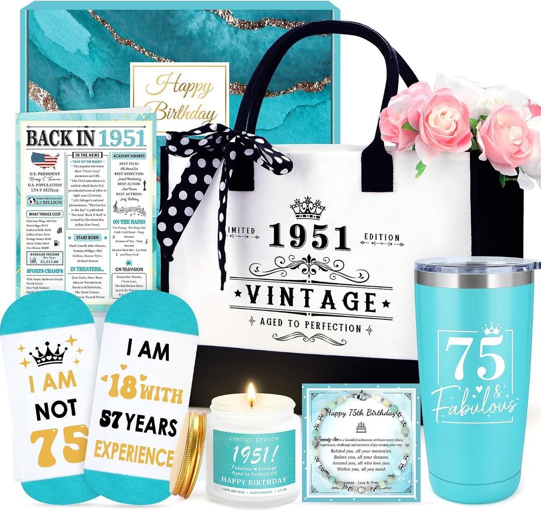 75th Birthday Gifts for Women Unique Gift for 75 Year Old Woman Cool 75 Year Old Birthday Gifts for Women 1951 Accessories for Woman Happy 75th Decorations Gift Ideas for Mom with Tumbler Tote Bag