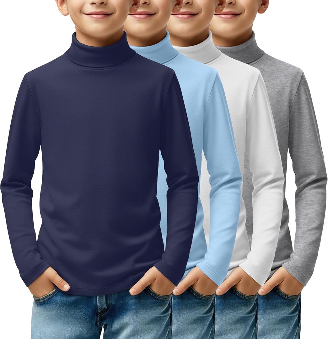 4 Pack Boys Turtleneck Long Sleeve Shirts Elastic Solid Warm Basic Football Baseball Undershirt Base Layering Tops (7-8 Years, Navy Blue, Sky Blue, White, Light Gray)