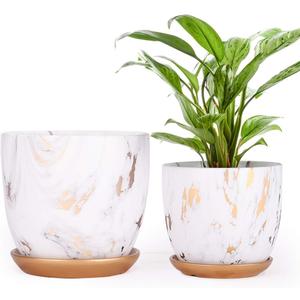 8 Inch Ceramic Plant pots (Set of 2), 8 Inch 7 Inch Modern Flower Planter, Gold Marble Gardening Pots with Drainage Hole and Saucer for Outdoor Indoor Yard Garden Home Office Decoration.