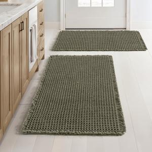 MIULEE Set of 2 Waffle Bathroom Rugs, Boho Bath Rugs Non Slip Washable, Super Absorbent Bath Mats, Ultra Soft Rubber Backed Shower Mats for Bathroom Floor, Tub and Shower, Green, 20x32 Inch