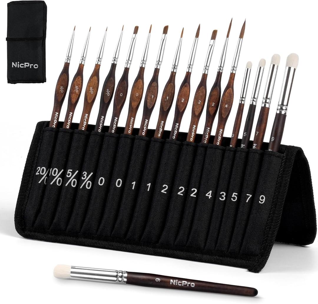 Nicpro 16 PCS Kolinsky Sable Miniature Paint Brushes Dry Brush, Professional Model Paint Brush Set with Cloth Roll, Fine Detail Artist Brush Set for Miniatures, Acrylic & Figures, Model, Watercolor