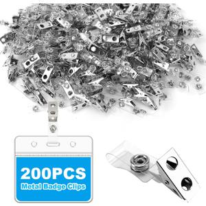 200pc ID Badge Clip,Badge Clips with Strap Clear Strap,Metal Name Badge Clips Adapter for ID Cards, Badge Holders, Name Tags, Work Badges