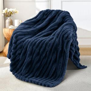 Exclusivo Mezcla Fleece Throw Blanket for Couch, Super Soft Striped Jacquard Bed Blanket, Lightweight Fuzzy Cozy for All Seasons, 50x60 Inches, Navy Blue