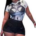 sedmoda Women Sexy Graphic Tees Crop Tops Short Sleeve 3D Body Print Summer T Shirts Blouses (Small)