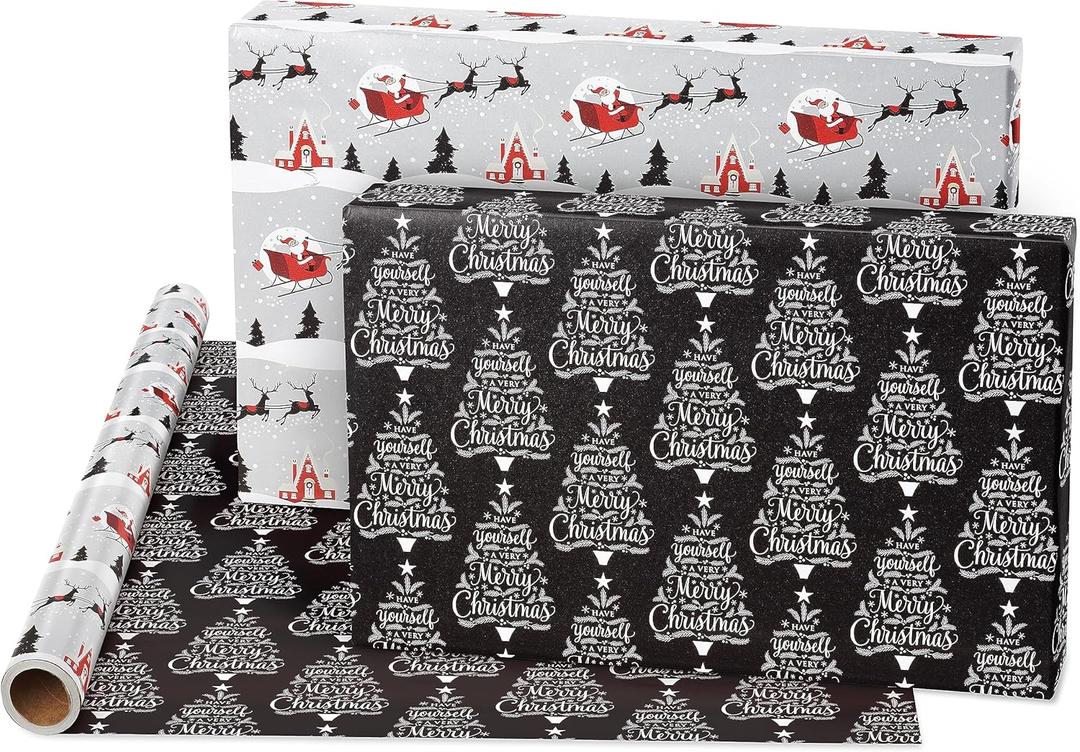 American Greetings Jumbo Black Christmas Wrapping Paper Roll, Silver and Black Holiday Gift Wrap (175 sq. ft., 1 Extra Large Roll-30 in. x 70 ft.) Stripes and Snowflakes