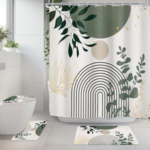 Riyidecor Boho Sage Green 4Pcs Shower Curtain Set with Toilet Lid Cover and Non-Slip Rugs, Mid Century Modern Minimalist Bathroom Decor Set，Abstract Contour and Bath Mat with 12 Hooks