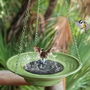 Hanging Bird Bath with Solar Fountain Bird Bath Bubbler，Birdbath Fountain for Garden Patio Decor,Green 12.4 x 12.4 x 3.15 inches