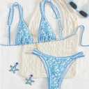 MakeMeChic Women's Tropical Boho Triangle Thong Bikini Sets Zebra Cheetah Bathing Suit Swimsuits (Blue, M)