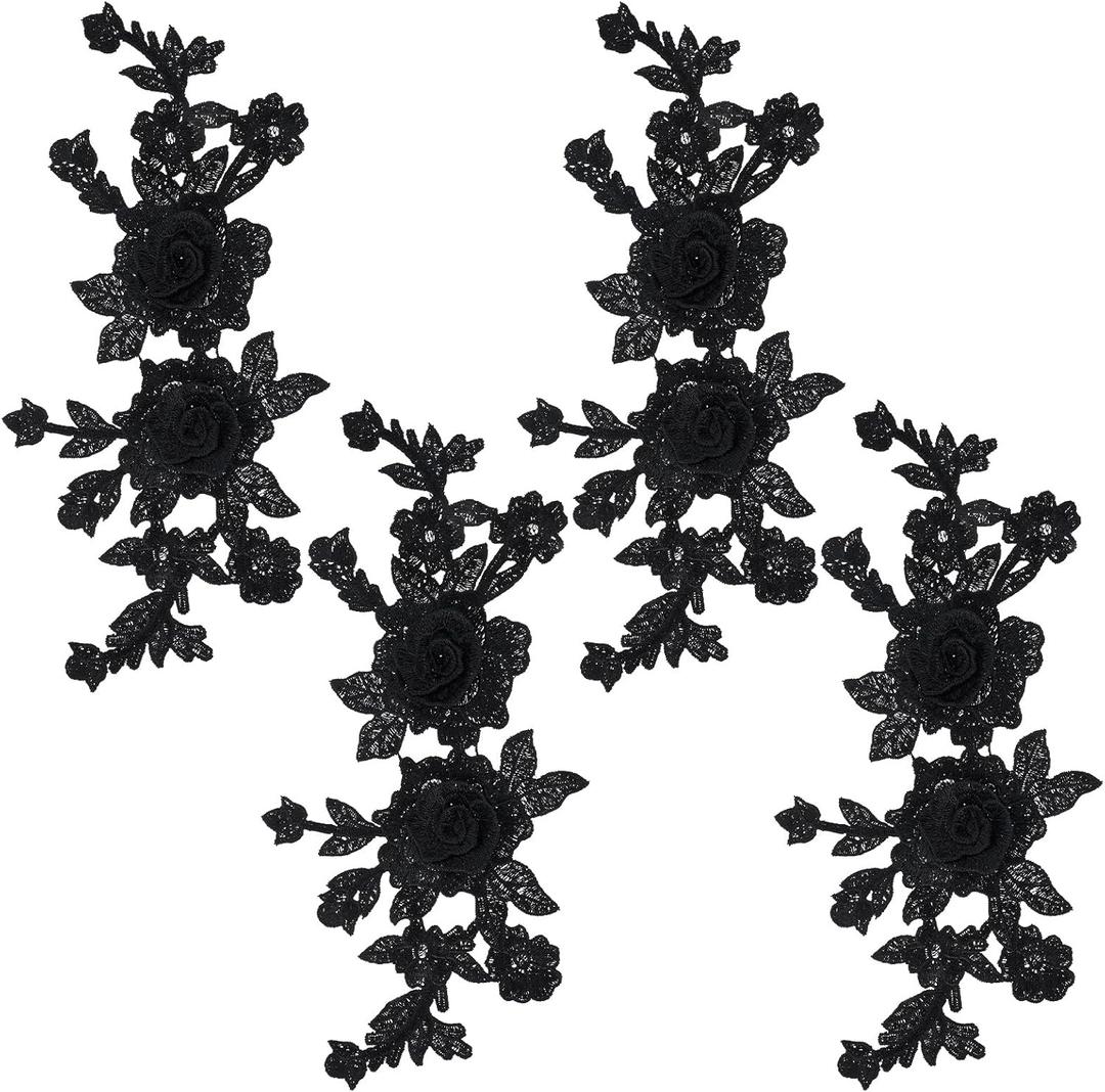 4 Pcs Black Embroidered Floral Appliques Embroidered on Patch Rose Sew on Patches for Jeans Sweater Hats Shoes Bags DIY Sewing Crafts