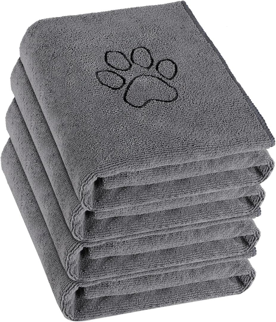 Chumia 4 Pack Dog Towels for Drying Large Microfiber Grooming Tools Absorbent Soft Bath Supplies with Embroidered Paw for Small Medium Pet Products(16 x 32 Inch,Gray)
