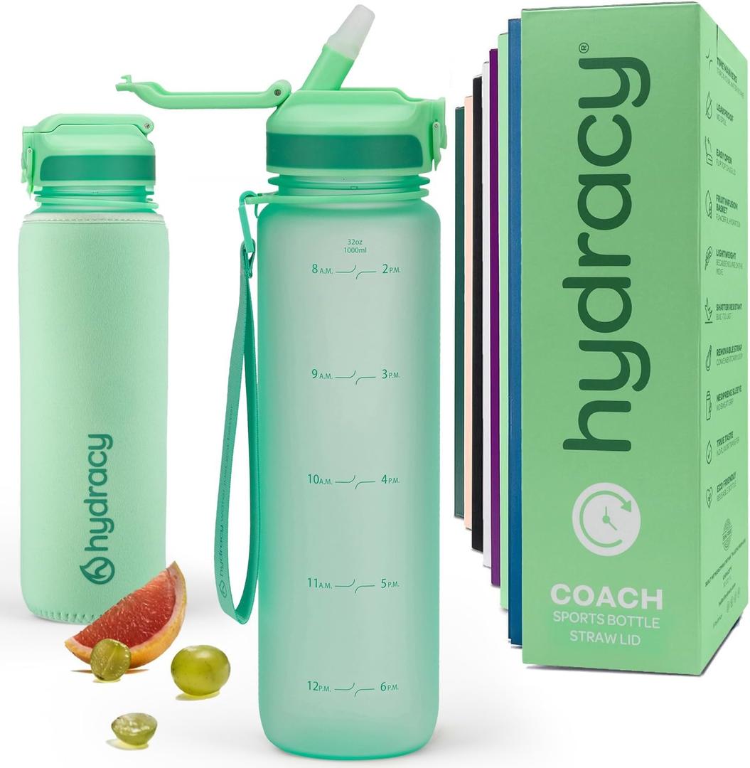 Hydracy Water Bottle with Time Marker -Large BPA Free Water Bottle & No Sweat Sleeve -Leak Proof Gym Bottle with Fruit Infuser Strainer & Times to Drink -Ideal for Fitness Sports & Outdoors (Aqua Green)
