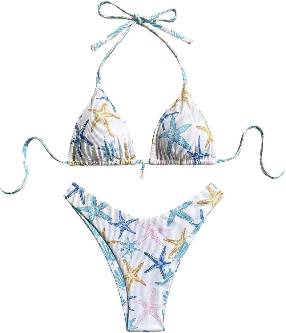 SHENHE Women's 2 Piece Swimsuits Starfish Decor Halter Triangle High Cut Bikini Set (M)