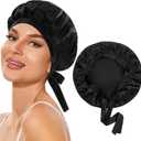 Satin Hair Bonnet for Sleeping, 10 inches Adjustable Silk Sleep Cap, Double Layer Tie Bonnet, Silk Hair Wrap, Shower Cap for Braids Men Women (Black)