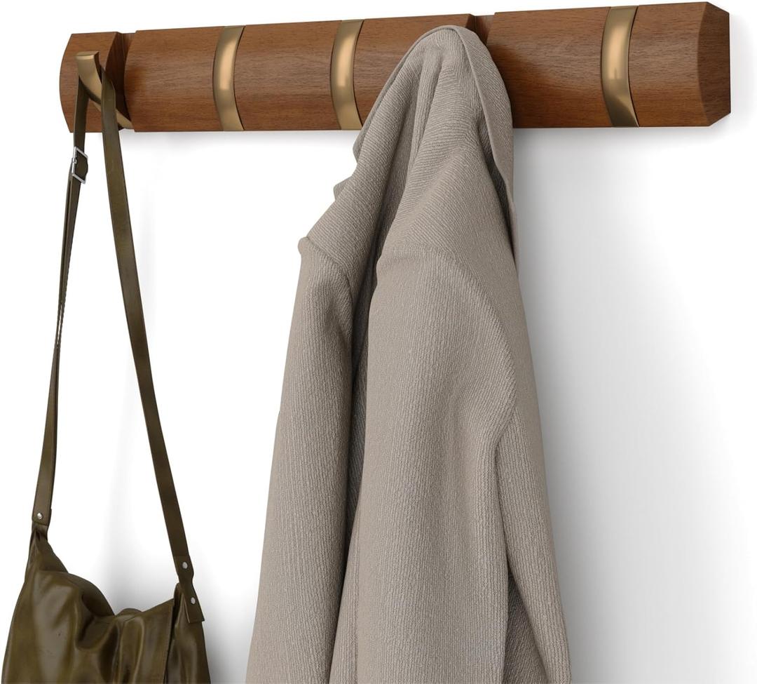 Umbra FLIP Wall Mounted Floating Rack  Modern, Sleek, Space-Saving Hanger with Retractable Hooks to Hang Coats, Scarves, Purses and More, Walnut/Gold