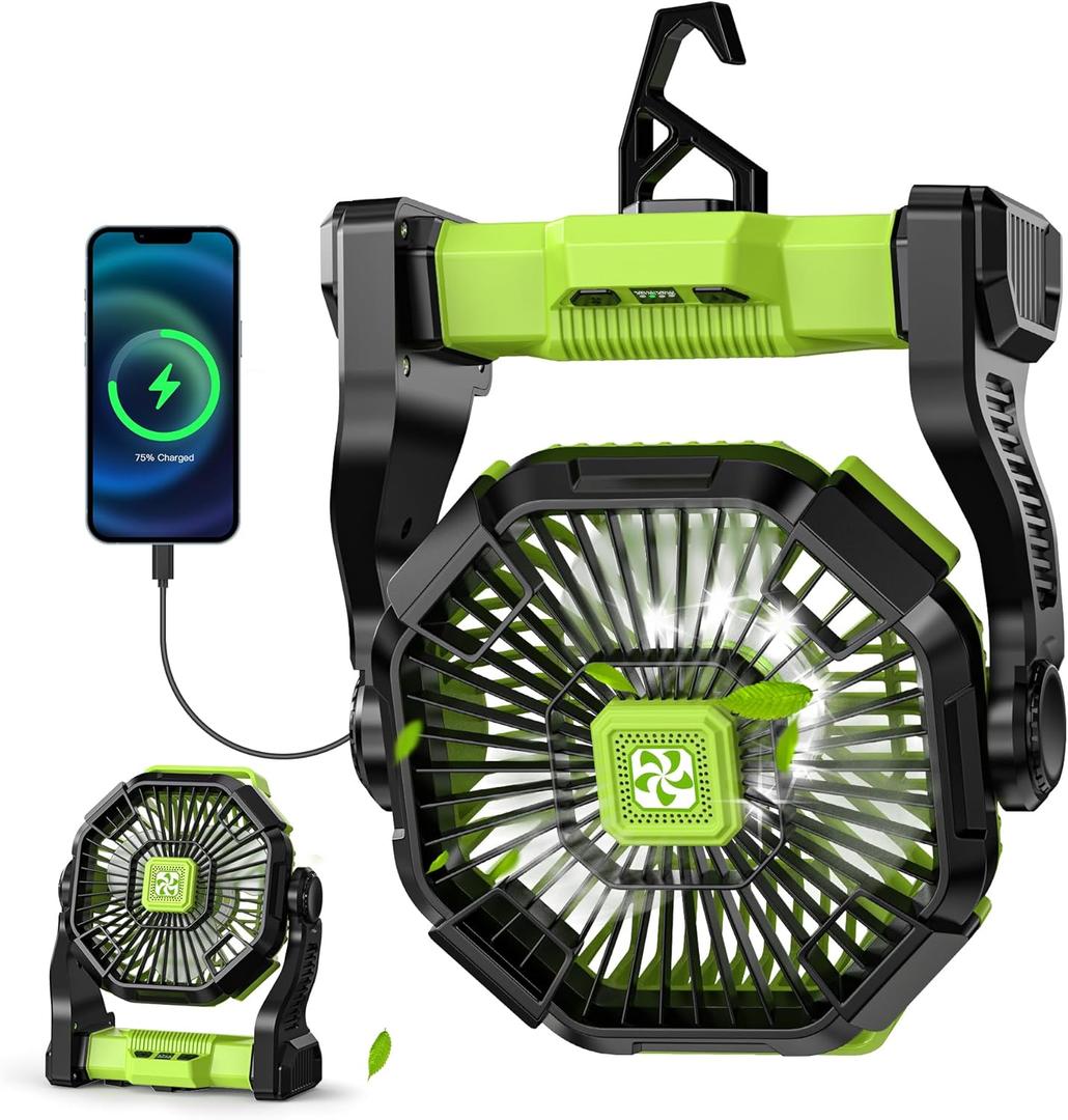 Battery Powered Fan -Lash Fans with Led Lantern, Portable Rechargeable, Battery Operated for Mobile Phone, Hook 4 Speed Quiet Personal for Desk Fan, Travel, Fishing, Power Outage, Hurricane-Green (12000mAh)