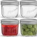 JoyJolt 8 Oz Mason Jars With Lids, Labels and Measures! 4-Pack Wide Mouth Mason Jars, Glass Jar with Lid and Band. Airtight Canning Jars, Overnight Oats Jars, Salad Jars, Sourdough Starter Jar