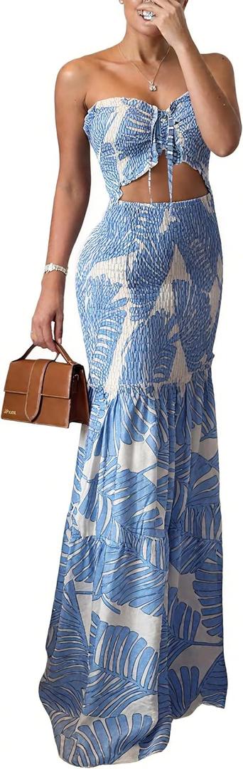 CHICME Floral Printed Prom Dress Tie Ruched Shirred Bandeau Party Dress Slim Fit Ruffle Hem Vacation Dresses, M